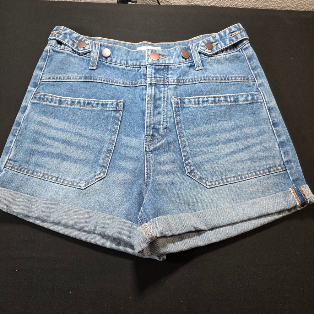 MNK Women Utility Denim Shorts High‎ Rise Button Fly Blue Medium Wash Size 8 NWT